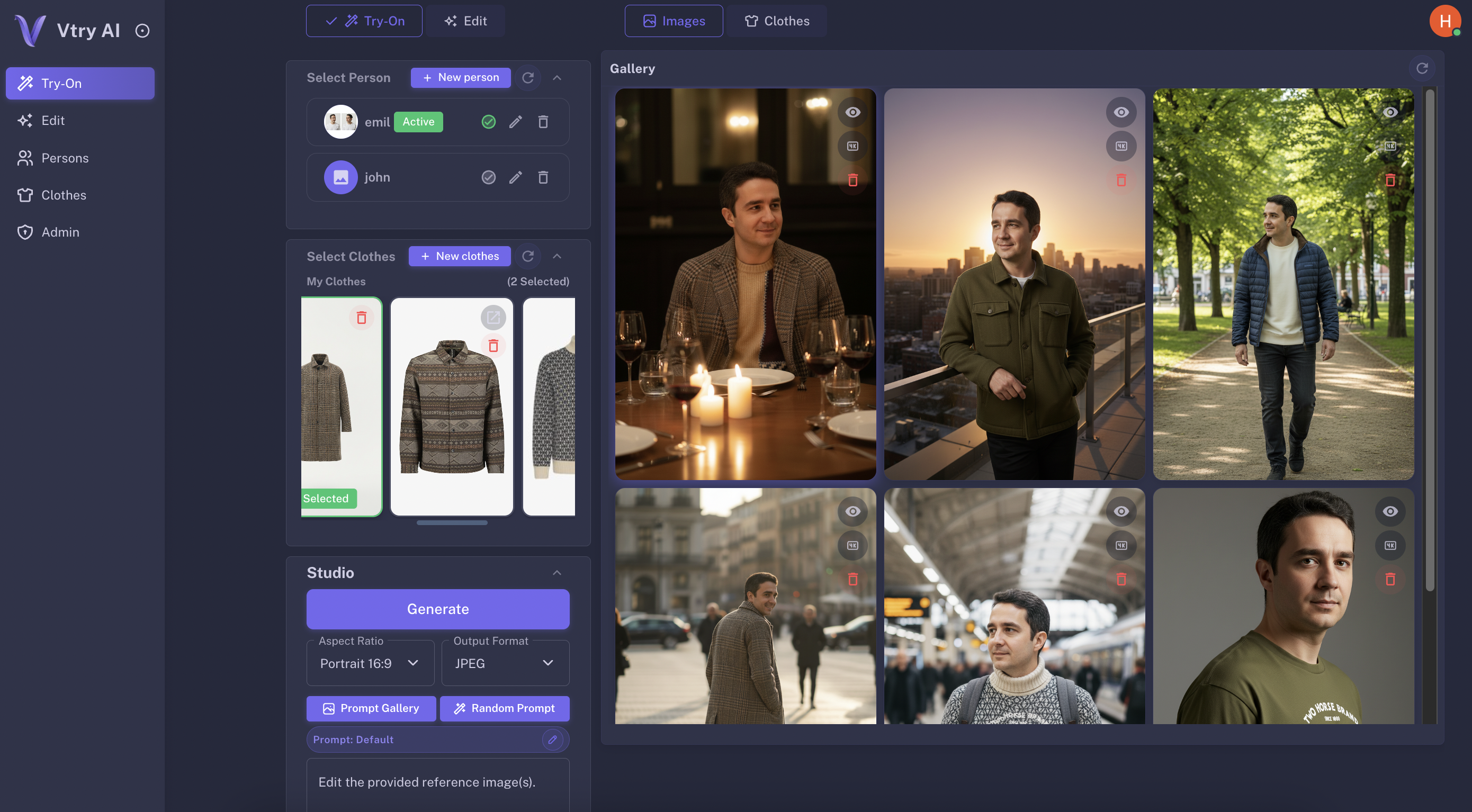 Vtry AI fashion photo studio dashboard with smart wardrobe and AI virtual try-on